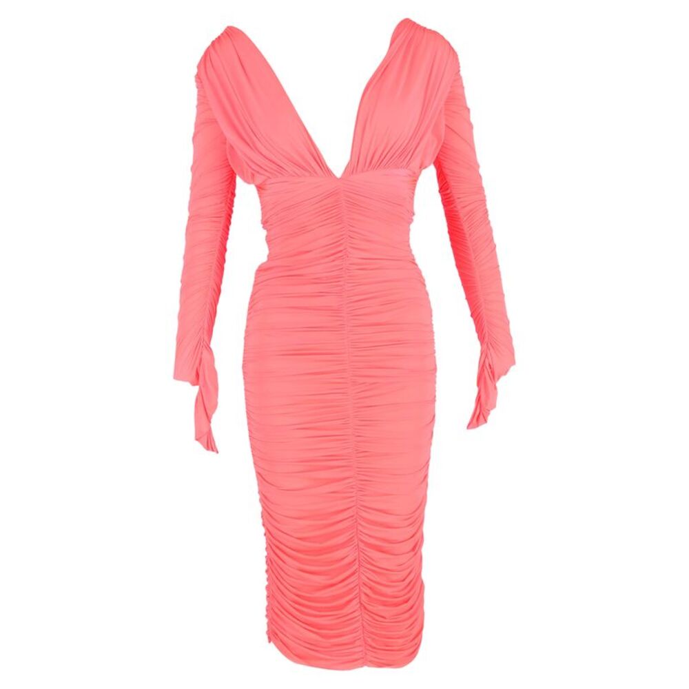 Alex Perry Marin Ruched Midi Dress in Coral Polyamide